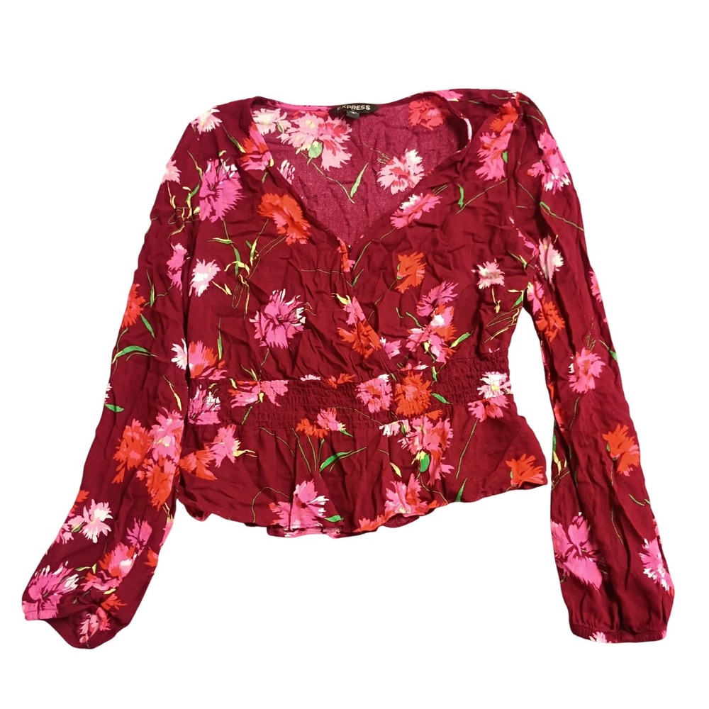 Express Floral Peplum Blouse Womens Small Burgundy Smocked Waist V-Neck Boho